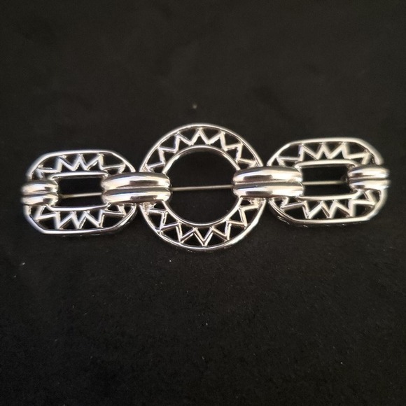 Monet Jewelry - Vintage‎ Monet Aztec Design Bar Brooch Silver Tone Signed Classic 1980's